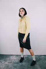 long sleeve yellow button up cardigan with beaded chest women's vintage 1950's