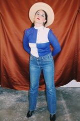 long sleeve color block cream and blue mock neck top with bronze studs vintage women's 1960's