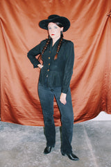 long sleeve black blouse with collar gold buttons and fit flare vintage 1940's