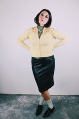 long sleeve yellow button up cardigan with beaded chest women's vintage 1950's