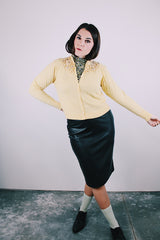 long sleeve yellow button up cardigan with beaded chest women's vintage 1950's
