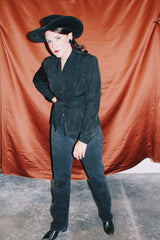 long sleeve black blouse with collar gold buttons and fit flare vintage 1940's