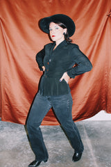 long sleeve black blouse with collar gold buttons and fit flare vintage 1940's