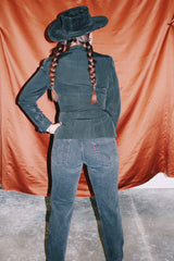 long sleeve black blouse with collar gold buttons and fit flare vintage 1940's