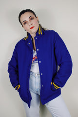vintage 1950's Quality Knitting Co., Tacoma, Washington label long sleeve wool cobalt blue letterman jacket with yellow striped trim