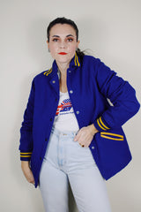 vintage 1950's Quality Knitting Co., Tacoma, Washington label long sleeve wool cobalt blue letterman jacket with yellow striped trim
