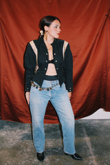 long sleeve black new wave vintage 1980's jacket with decorative stud buttons and gold metallic trim