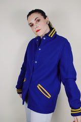 vintage 1950's Quality Knitting Co., Tacoma, Washington label long sleeve wool cobalt blue letterman jacket with yellow striped trim