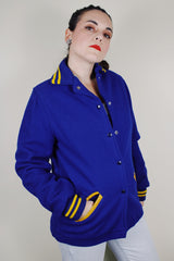 vintage 1950's Quality Knitting Co., Tacoma, Washington label long sleeve wool cobalt blue letterman jacket with yellow striped trim
