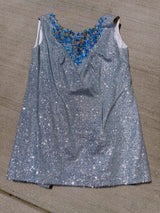 silver metallic tinsel sleeveless long top and shorts with blue beaded detail around chest and hem of shorts, costume vintage 1980's saks ally