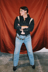 long sleeve black new wave vintage 1980's jacket with decorative stud buttons and gold metallic trim