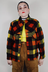 vintage 1940's Montgomery Ward long sleeve wool button up plaid shacket in red, black, and yellow print