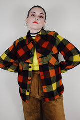 vintage 1940's Montgomery Ward long sleeve wool button up plaid shacket in red, black, and yellow print