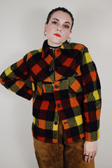 vintage 1940's Montgomery Ward long sleeve wool button up plaid shacket in red, black, and yellow print