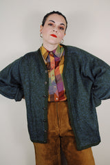 vintage 1960's Kaso of Seattle label long sleeve button up cardigan in olive green with blue specks worsted wool