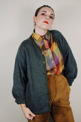 vintage 1960's Kaso of Seattle label long sleeve button up cardigan in olive green with blue specks worsted wool