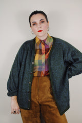 vintage 1960's Kaso of Seattle label long sleeve button up cardigan in olive green with blue specks worsted wool