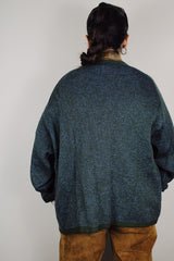 vintage 1960's Kaso of Seattle label long sleeve button up cardigan in olive green with blue specks worsted wool