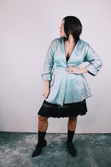 blue satin quilted robe jacket mandarin collar and cuffed sleeves women's vintage 1940's