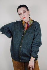 vintage 1960's Kaso of Seattle label long sleeve button up cardigan in olive green with blue specks worsted wool