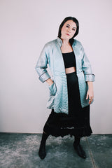 blue satin quilted robe jacket mandarin collar and cuffed sleeves women's vintage 1940's