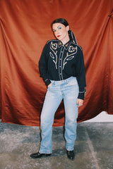 long sleeve black button up western shirt with white piping and embroidery detail vintage 1960's