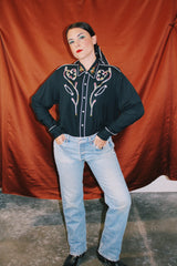 long sleeve black button up western shirt with white piping and embroidery detail vintage 1960's