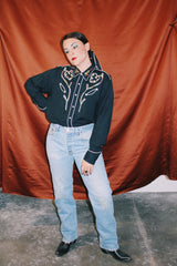 long sleeve black button up western shirt with white piping and embroidery detail vintage 1960's