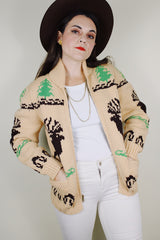 vintage 1960's homemade bronze zipper tan beige wool cowichan cardigan sweater with moose and tree design all over