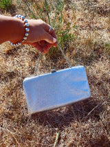 silver metallic clutch purse with chain handle 1960's vintage