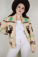 vintage 1960's homemade bronze zipper tan beige wool cowichan cardigan sweater with moose and tree design all over