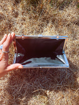 silver metallic clutch purse with chain handle 1960's vintage