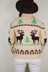 vintage 1960's homemade bronze zipper tan beige wool cowichan cardigan sweater with moose and tree design all over