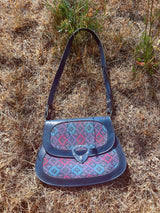 navy leather and tapestry detail 1960's vintage purse with removable strap silver hardware