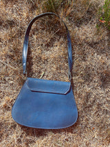 navy leather and tapestry detail 1960's vintage purse with removable strap silver hardware