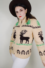 vintage 1960's homemade bronze zipper tan beige wool cowichan cardigan sweater with moose and tree design all over