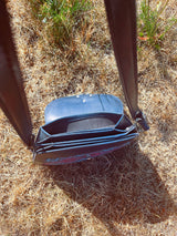 navy leather and tapestry detail 1960's vintage purse with removable strap silver hardware