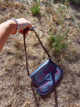 navy leather and tapestry detail 1960's vintage purse with removable strap silver hardware