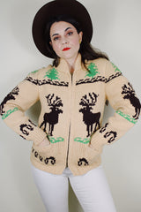 vintage 1960's homemade bronze zipper tan beige wool cowichan cardigan sweater with moose and tree design all over