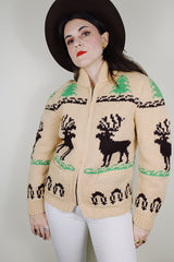 vintage 1960's homemade bronze zipper tan beige wool cowichan cardigan sweater with moose and tree design all over