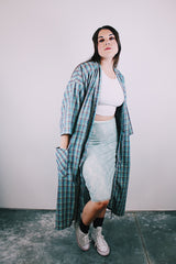 blue plaid vintage 1960's cotton blend robe with tie belt and pockets