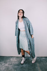 blue plaid vintage 1960's cotton blend robe with tie belt and pockets