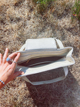 faux leather cream and brown striped handbag vintage 1970's