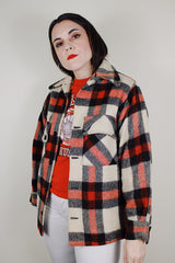 vintage 1950's A Benmar Original label long sleeve all wool plaid button up shacket in a red, black, and cream plaid print