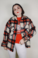 vintage 1950's A Benmar Original label long sleeve all wool plaid button up shacket in a red, black, and cream plaid print