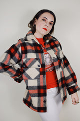 vintage 1950's A Benmar Original label long sleeve all wool plaid button up shacket in a red, black, and cream plaid print