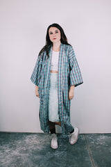 blue plaid vintage 1960's cotton blend robe with tie belt and pockets
