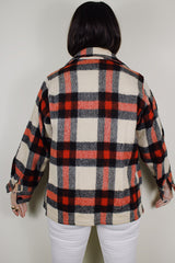 vintage 1950's A Benmar Original label long sleeve all wool plaid button up shacket in a red, black, and cream plaid print
