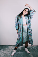 blue plaid vintage 1960's cotton blend robe with tie belt and pockets