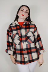 vintage 1950's A Benmar Original label long sleeve all wool plaid button up shacket in a red, black, and cream plaid print